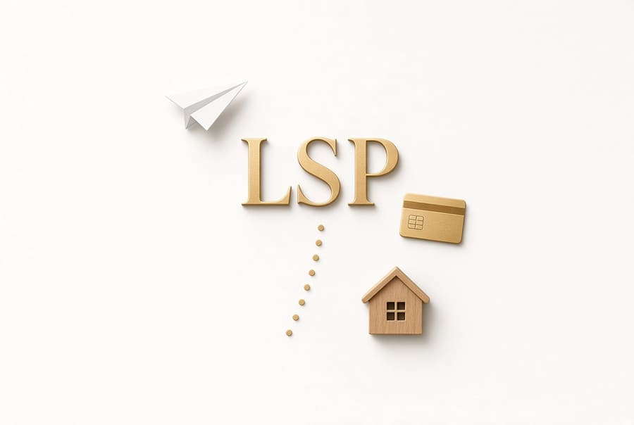 LSPの文字と紙飛行機・カード・家のオブジェ